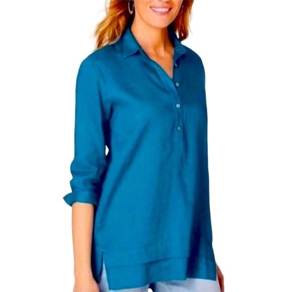 J Jill Love Linen Relaxed Tunic Top 3/4 Sleeve Popover Placket Collared High/Low - Picture 15 of 15